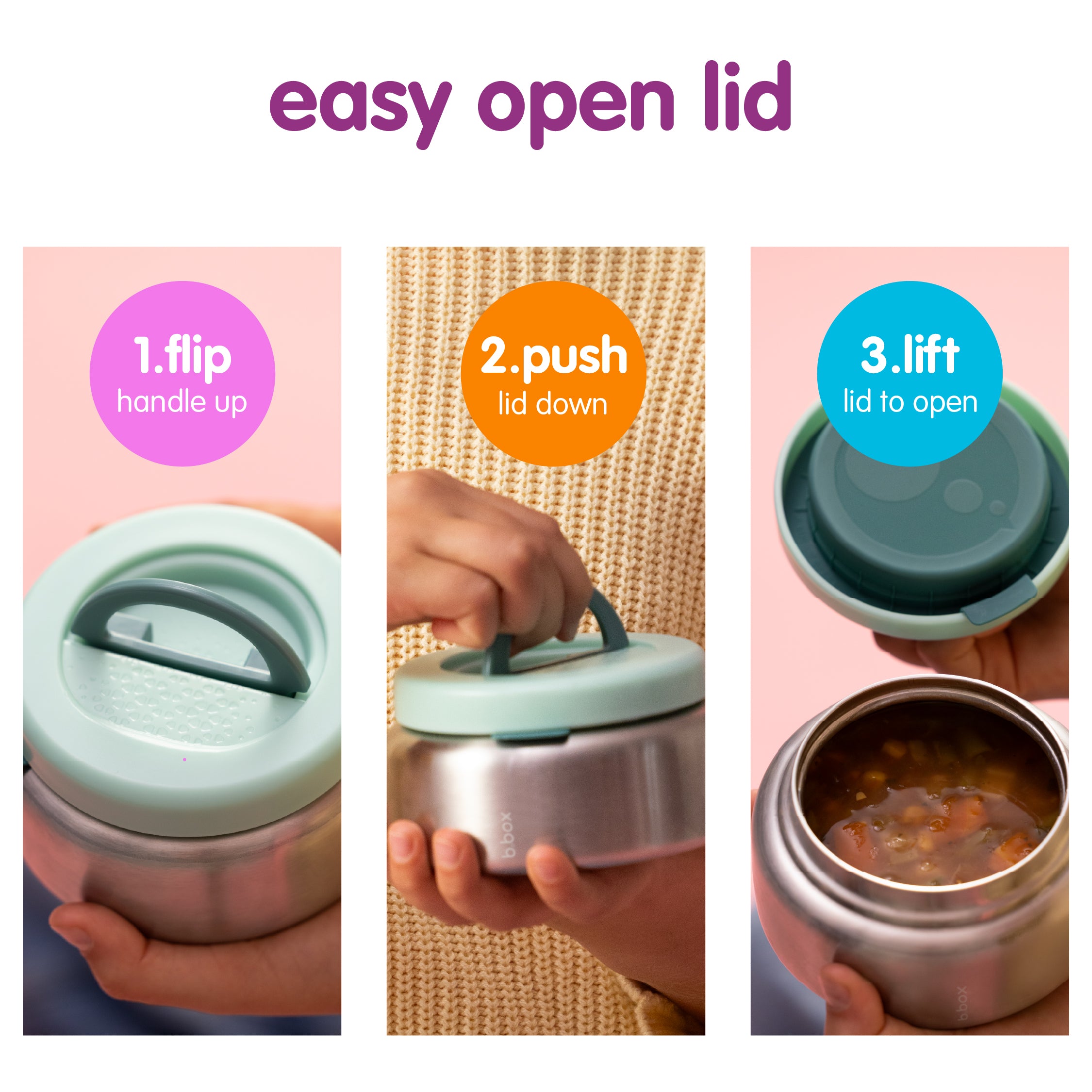 B.box Insulated Lunch Pod Forest 3 https://nicetribe.com.au/shop/tablewares/b-box-insulated-lunch-pod-forest/ BB26 3513ILPhowtoopensocialsandconsumerDTC 05.jpg